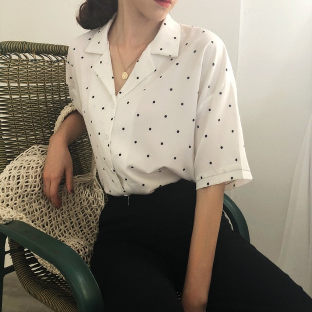 xakxx Women Blouse Polka Dot Shirt Summer Short Sleeve V Neck Casual Elegant Print Tops Female Clothing White Shirts