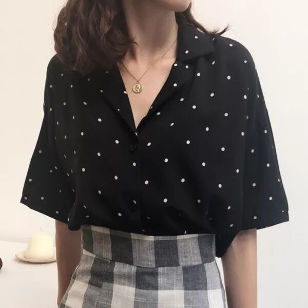 xakxx Women Blouse Polka Dot Shirt Summer Short Sleeve V Neck Casual Elegant Print Tops Female Clothing White Shirts