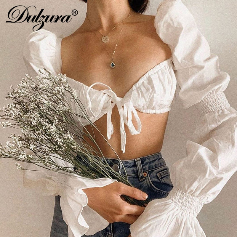 puff long sleeve ruffle lace up women crop top shirts elegant ruched hollow out autumn winter clothes party Korea
