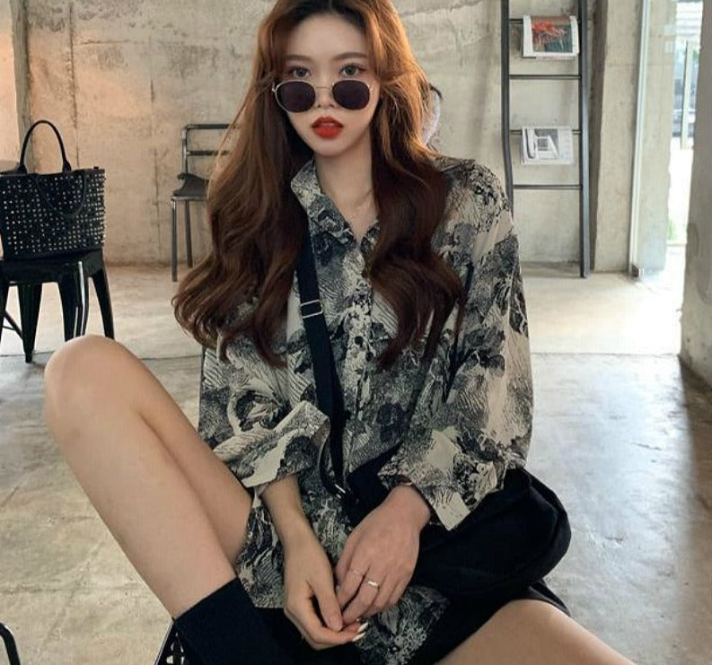xakxx Blouses Women Vintage Chic BF High Street Harajuku Print Teens Shirts All-match Popular Casual Long Sleeve Ladies Chiffon Blouse