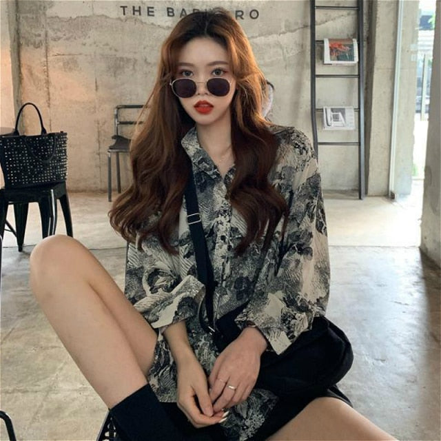 xakxx Blouses Women Vintage Chic BF High Street Harajuku Print Teens Shirts All-match Popular Casual Long Sleeve Ladies Chiffon Blouse
