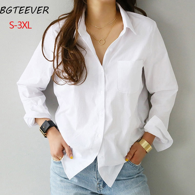 xakxx S-3XL Spring One Pocket Women White Blouse Female Shirt Tops Long Sleeve Casual Turn-down Collar OL Style Women Loose Blouses