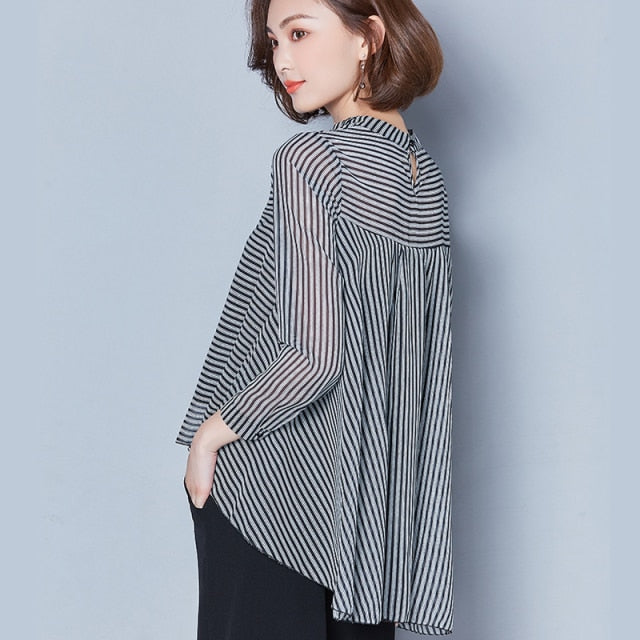 xakxx Striped Long Sleeve Sunscreen Blouses Women New Casual Chiffon Turn-Down Collar Shirt Plus Size Women Clothing Blusas Mujer