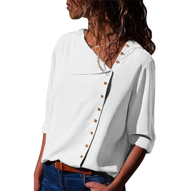 xakxx Women Tops And Blouses Fashion Long Sleeve Skew Collar Chiffon Blouse Casual Tops Plus Size Elegent Work Wear Shirt