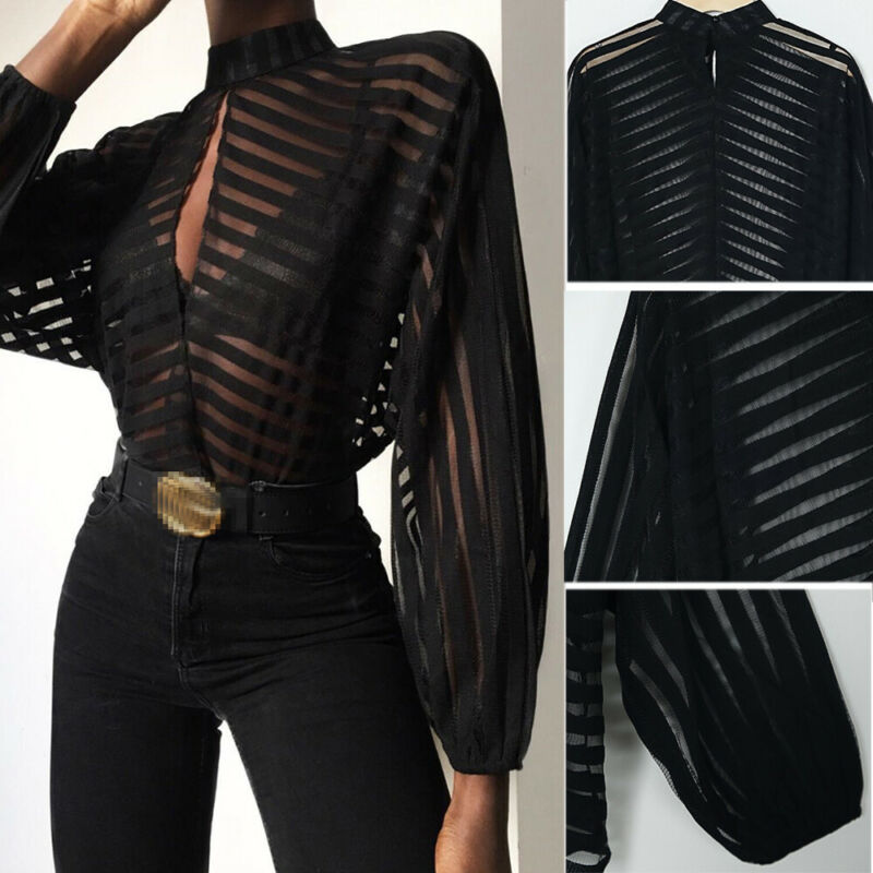 xakxx Sexy Black Women Mesh Sheer Blouses Ladies Long Sleeve Striped Front Hollow Out Transparent Shirts Blusas Mujer Camisas