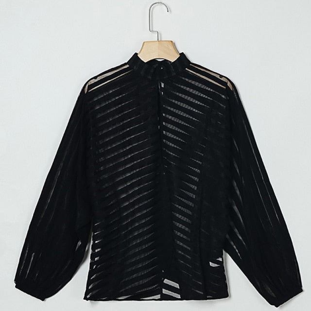 xakxx Sexy Black Women Mesh Sheer Blouses Ladies Long Sleeve Striped Front Hollow Out Transparent Shirts Blusas Mujer Camisas