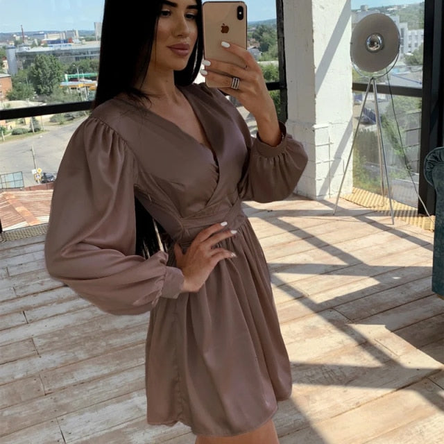 xakxx Women Deep V-Neck Mini Dress Lantern Sleeve Solid Sashes Satin Party A line Dress Autumn New Office Lady Vintage Dress
