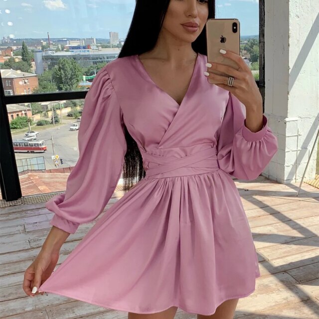 xakxx Women Deep V-Neck Mini Dress Lantern Sleeve Solid Sashes Satin Party A line Dress Autumn New Office Lady Vintage Dress