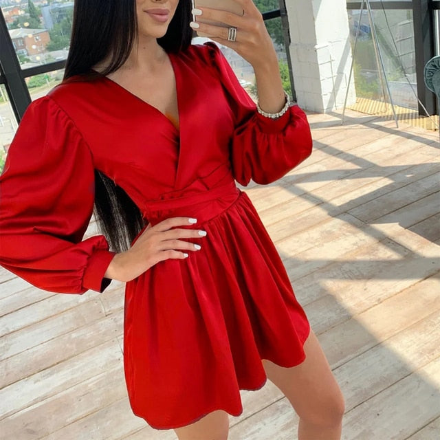 xakxx Women Deep V-Neck Mini Dress Lantern Sleeve Solid Sashes Satin Party A line Dress Autumn New Office Lady Vintage Dress
