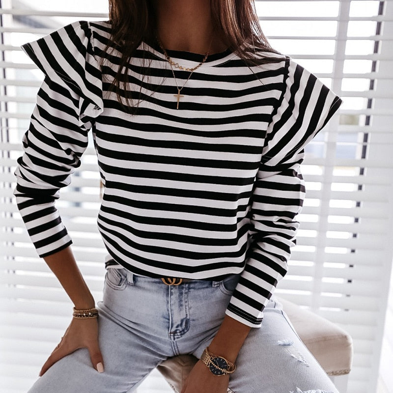 xakxx Women Blouse Shirt Striped Ruffle Long Sleeve Blouse Women Casual Feminine Spring Fashion Woman Blouses O Neck Top Female