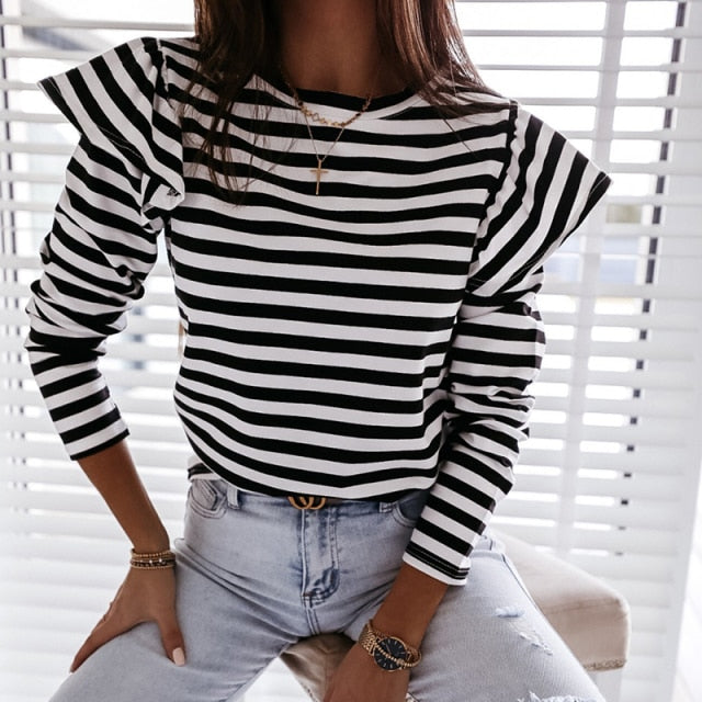 xakxx Women Blouse Shirt Striped Ruffle Long Sleeve Blouse Women Casual Feminine Spring Fashion Woman Blouses O Neck Top Female