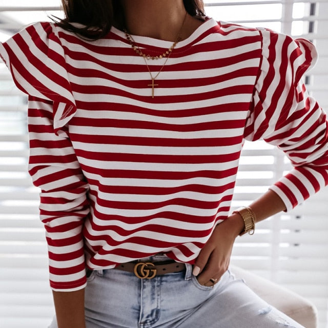 xakxx Women Blouse Shirt Striped Ruffle Long Sleeve Blouse Women Casual Feminine Spring Fashion Woman Blouses O Neck Top Female