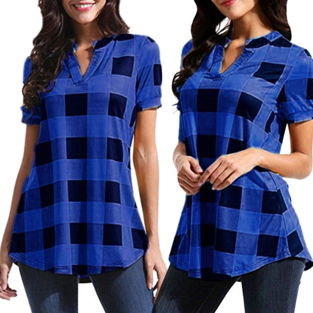Plus Size Plaid Blouse Women Summer Clothing Cotton Tops Tunic Female Lady Blouse Loose Red White Blue Shirts