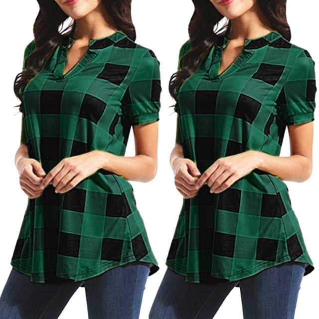 Plus Size Plaid Blouse Women Summer Clothing Cotton Tops Tunic Female Lady Blouse Loose Red White Blue Shirts