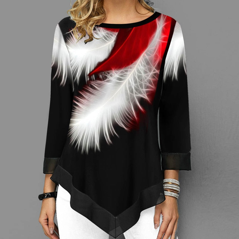 Elegant Women Blouse Shirt Patchwork Tops Long Sleeve Round Neck Female Print Shirt Casual Loose Tee Shirt Plus Size 5XL
