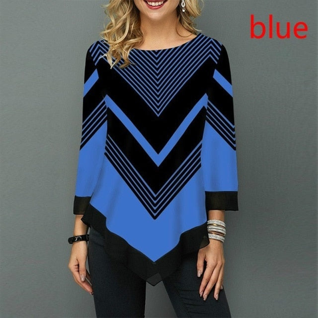 Elegant Women Blouse Shirt Patchwork Tops Long Sleeve Round Neck Female Print Shirt Casual Loose Tee Shirt Plus Size 5XL