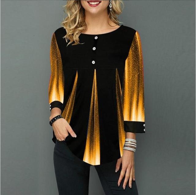 Elegant Women Blouse Shirt Patchwork Tops Long Sleeve Round Neck Female Print Shirt Casual Loose Tee Shirt Plus Size 5XL