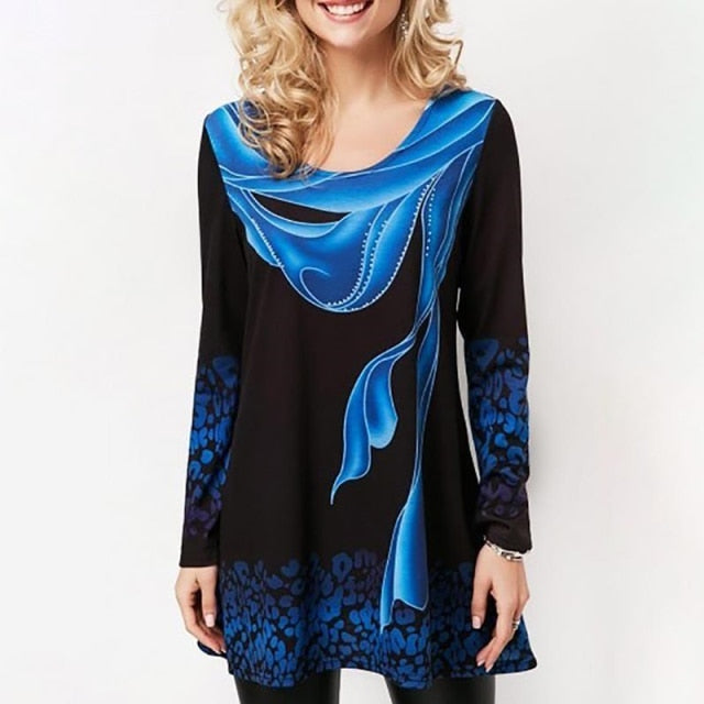 Elegant Women Blouse Shirt Patchwork Tops Long Sleeve Round Neck Female Print Shirt Casual Loose Tee Shirt Plus Size 5XL