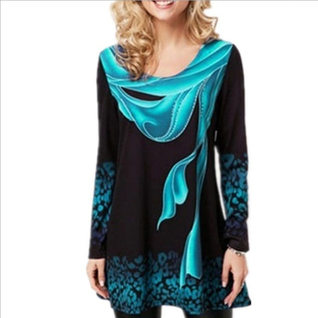Elegant Women Blouse Shirt Patchwork Tops Long Sleeve Round Neck Female Print Shirt Casual Loose Tee Shirt Plus Size 5XL