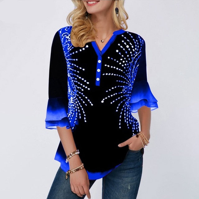 Elegant Women Blouse Shirt Patchwork Tops Long Sleeve Round Neck Female Print Shirt Casual Loose Tee Shirt Plus Size 5XL