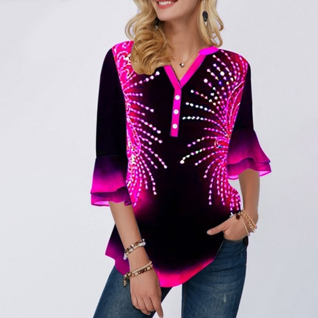 Elegant Women Blouse Shirt Patchwork Tops Long Sleeve Round Neck Female Print Shirt Casual Loose Tee Shirt Plus Size 5XL