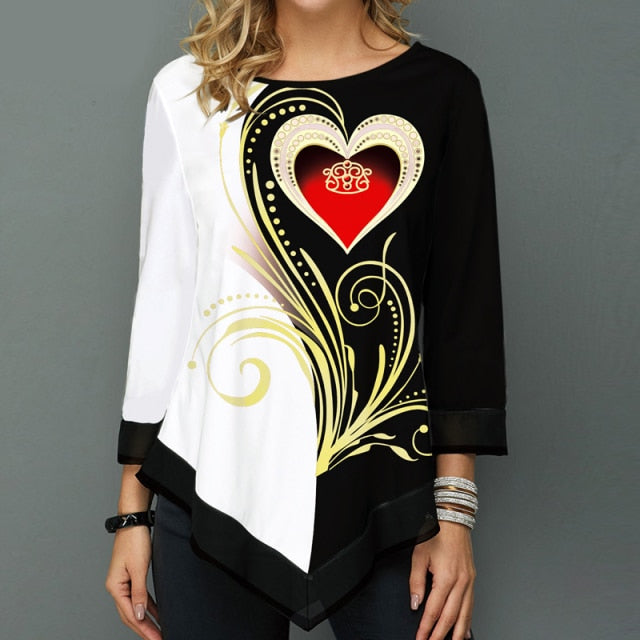 Elegant Women Blouse Shirt Patchwork Tops Long Sleeve Round Neck Female Print Shirt Casual Loose Tee Shirt Plus Size 5XL