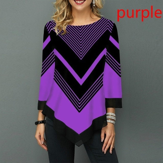Elegant Women Blouse Shirt Patchwork Tops Long Sleeve Round Neck Female Print Shirt Casual Loose Tee Shirt Plus Size 5XL