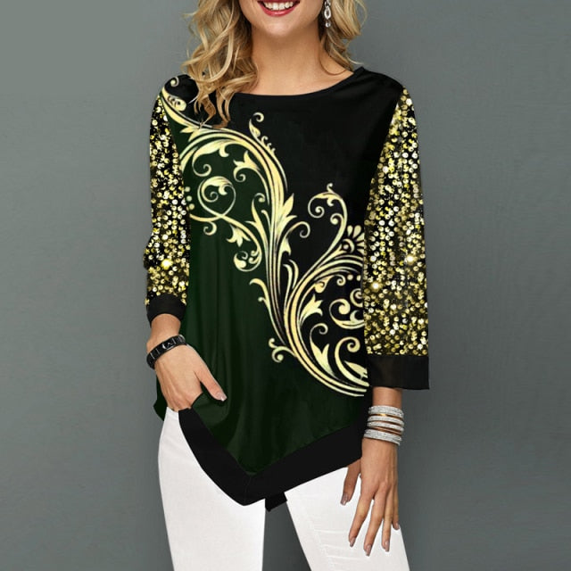 Elegant Women Blouse Shirt Patchwork Tops Long Sleeve Round Neck Female Print Shirt Casual Loose Tee Shirt Plus Size 5XL