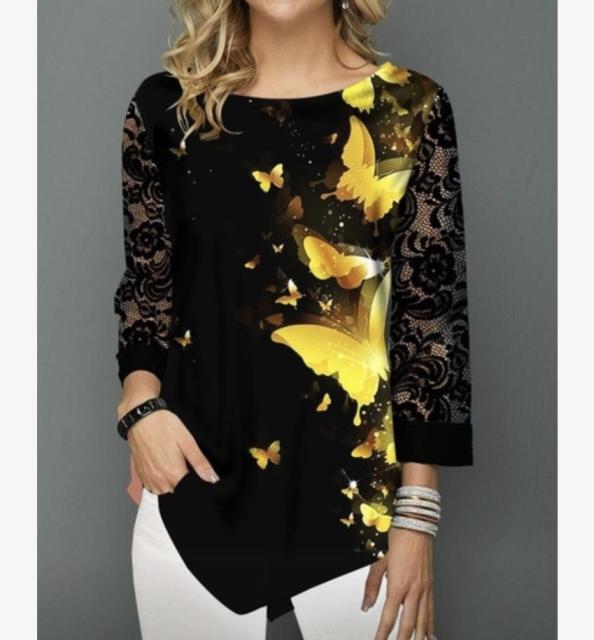 Elegant Women Blouse Shirt Patchwork Tops Long Sleeve Round Neck Female Print Shirt Casual Loose Tee Shirt Plus Size 5XL
