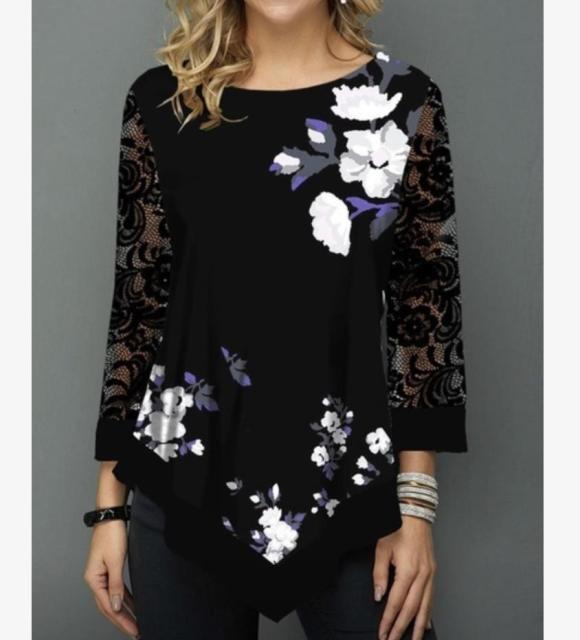 Elegant Women Blouse Shirt Patchwork Tops Long Sleeve Round Neck Female Print Shirt Casual Loose Tee Shirt Plus Size 5XL