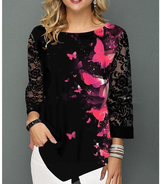 Elegant Women Blouse Shirt Patchwork Tops Long Sleeve Round Neck Female Print Shirt Casual Loose Tee Shirt Plus Size 5XL