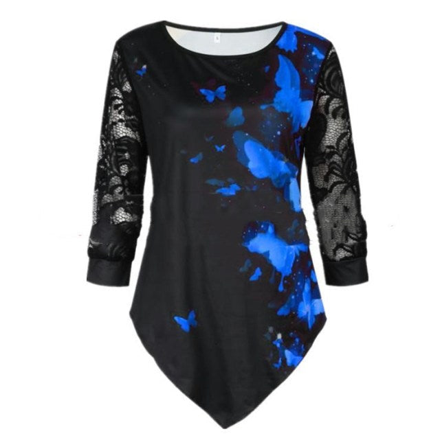 Elegant Women Blouse Shirt Patchwork Tops Long Sleeve Round Neck Female Print Shirt Casual Loose Tee Shirt Plus Size 5XL