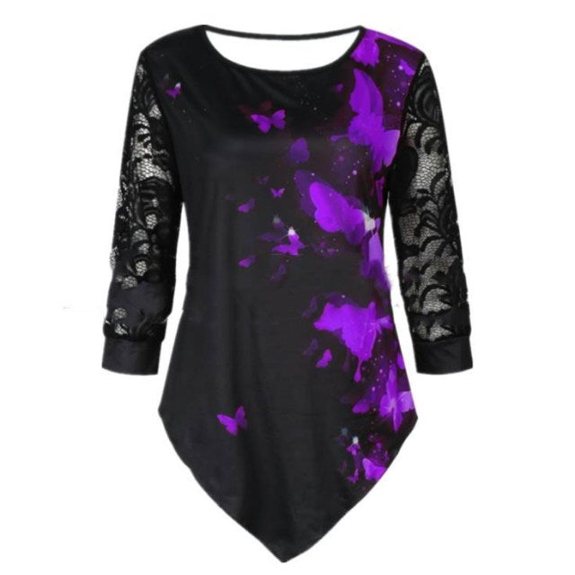 Elegant Women Blouse Shirt Patchwork Tops Long Sleeve Round Neck Female Print Shirt Casual Loose Tee Shirt Plus Size 5XL