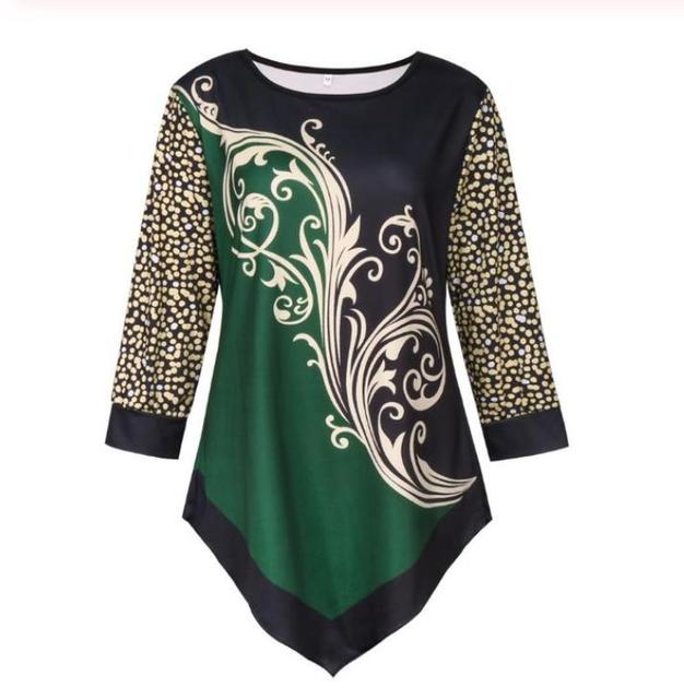 Elegant Women Blouse Shirt Patchwork Tops Long Sleeve Round Neck Female Print Shirt Casual Loose Tee Shirt Plus Size 5XL
