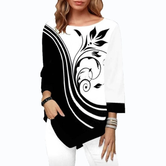 Elegant Women Blouse Shirt Patchwork Tops Long Sleeve Round Neck Female Print Shirt Casual Loose Tee Shirt Plus Size 5XL