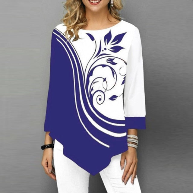 Elegant Women Blouse Shirt Patchwork Tops Long Sleeve Round Neck Female Print Shirt Casual Loose Tee Shirt Plus Size 5XL