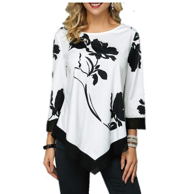 Elegant Women Blouse Shirt Patchwork Tops Long Sleeve Round Neck Female Print Shirt Casual Loose Tee Shirt Plus Size 5XL