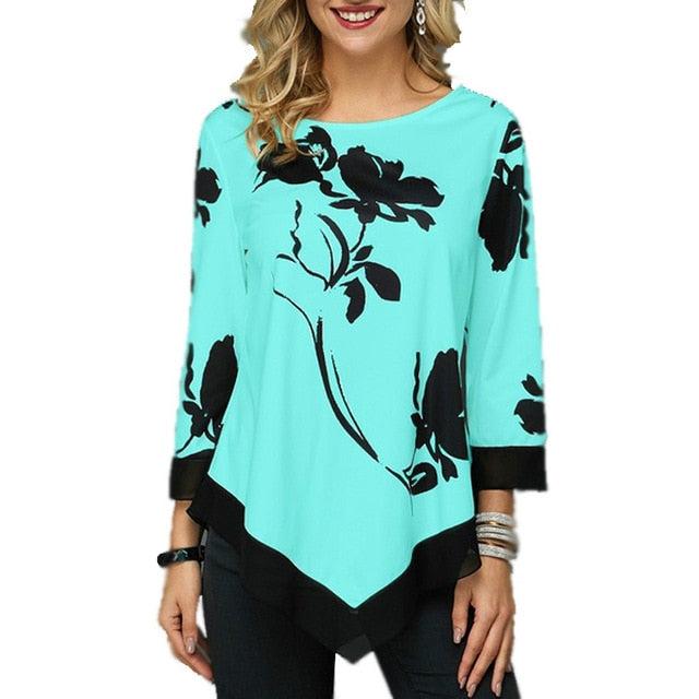 Elegant Women Blouse Shirt Patchwork Tops Long Sleeve Round Neck Female Print Shirt Casual Loose Tee Shirt Plus Size 5XL