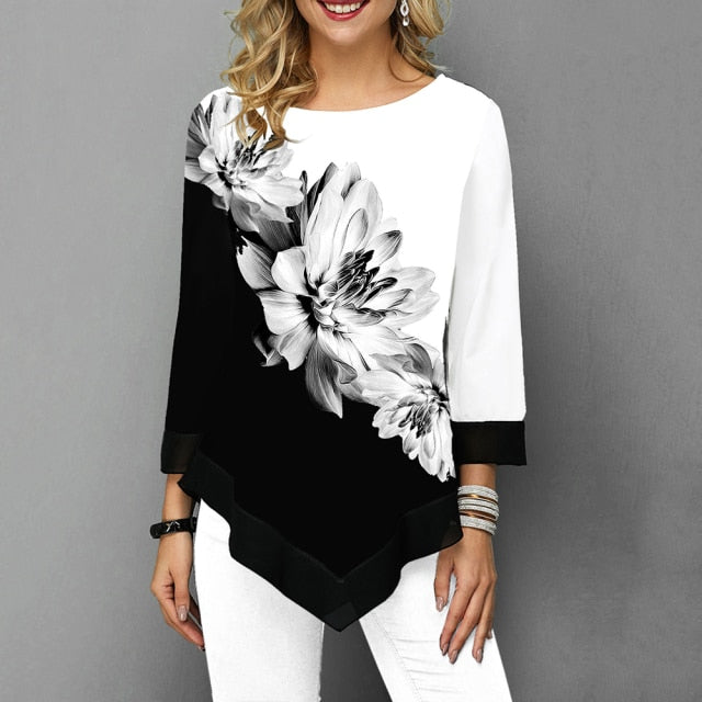 Elegant Women Blouse Shirt Patchwork Tops Long Sleeve Round Neck Female Print Shirt Casual Loose Tee Shirt Plus Size 5XL