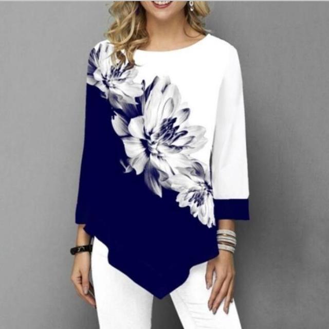 Elegant Women Blouse Shirt Patchwork Tops Long Sleeve Round Neck Female Print Shirt Casual Loose Tee Shirt Plus Size 5XL