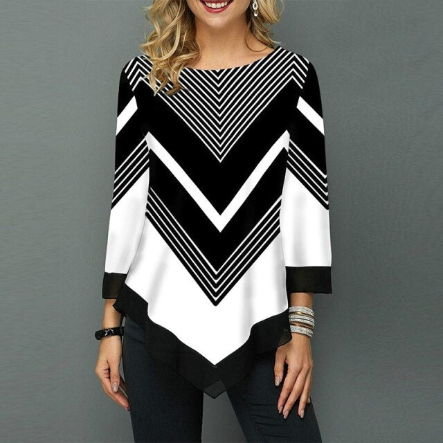 Elegant Women Blouse Shirt Patchwork Tops Long Sleeve Round Neck Female Print Shirt Casual Loose Tee Shirt Plus Size 5XL