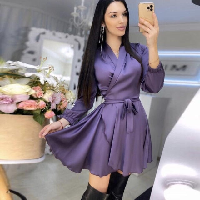 xakxx Women Satin Fashion A Line Mini Dress V Neck Front Cross Long Sleeve Sashes High Waist Casual Pleated Dress New Women Dress