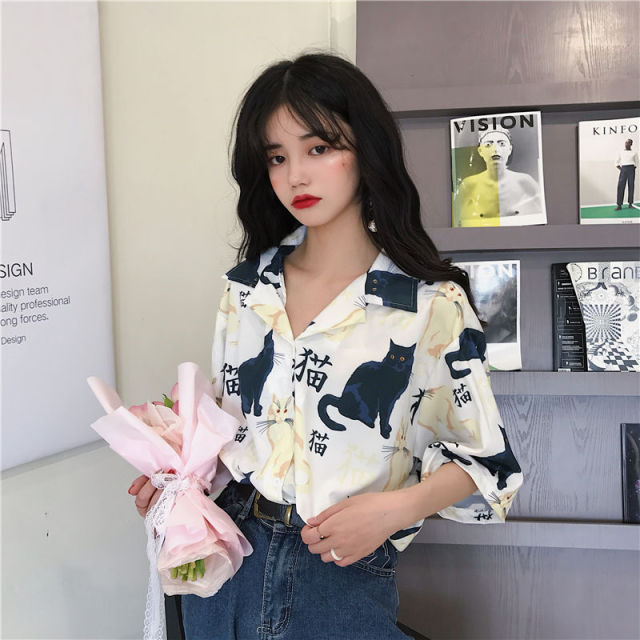 Blouses Women Vintage Cat Printed Korean Basic Loose Chic Design Ladies Shirts Daily College Street All-match Womens Blouse Top