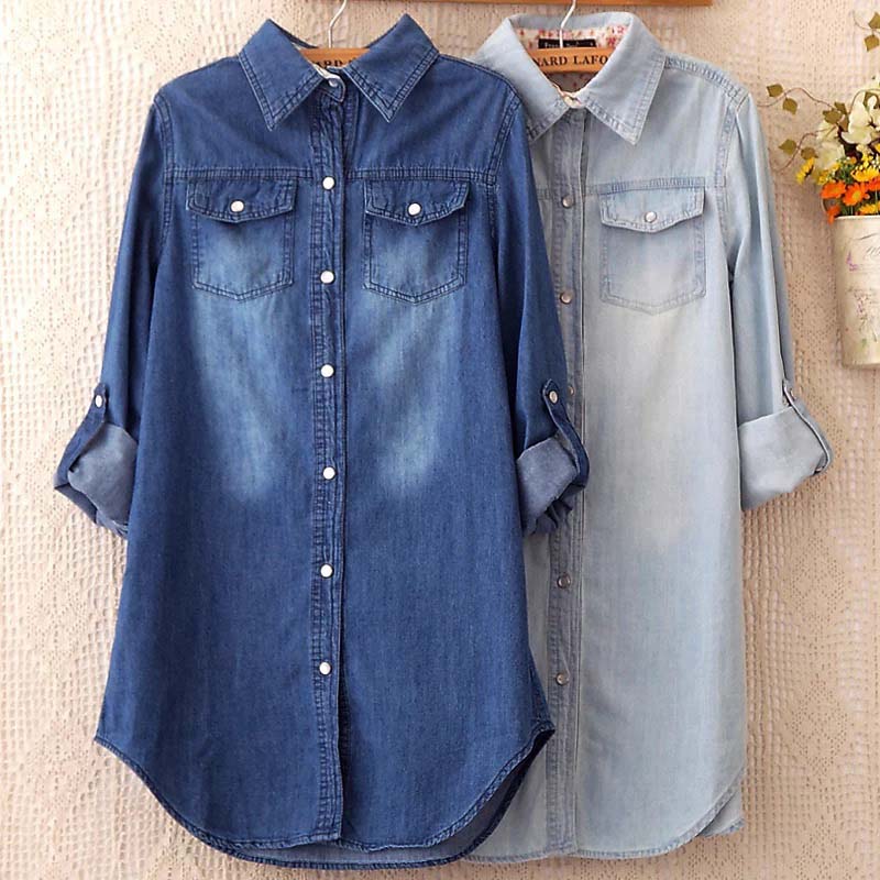 xakxx Autumn Female Denim Long Shirts Feminina Women Casual Cotton Jean Blouse Women'S Tops Turn-Down Pockets S-3XL