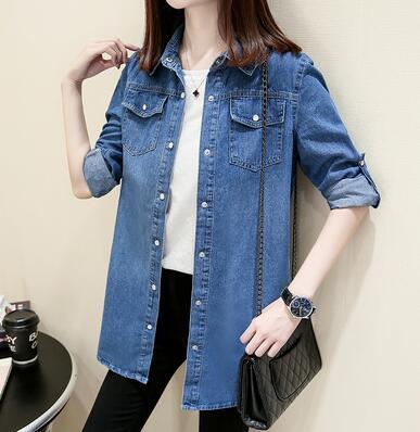 xakxx Autumn Female Denim Long Shirts Feminina Women Casual Cotton Jean Blouse Women'S Tops Turn-Down Pockets S-3XL