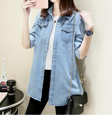 xakxx Autumn Female Denim Long Shirts Feminina Women Casual Cotton Jean Blouse Women'S Tops Turn-Down Pockets S-3XL