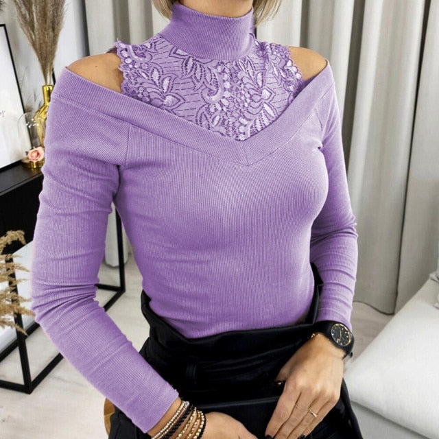 xakxx Fashion Lace Patchwork Blouse Shirt Cold Shoulder Turtleneck Tops Tee Casual Ladies Top Female Women Long Sleeve Blusas Pullover