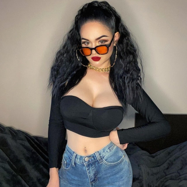 xakxx Sexy Women Low Cut Shirts Female Pullover Solid Deep V-neck Long Sleeve Crop Tops Short Elastic Shirts Blouses
