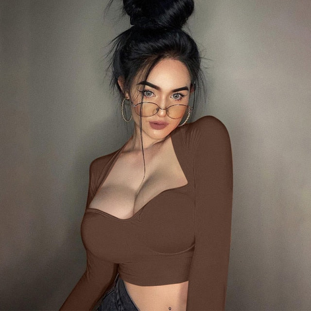 xakxx Sexy Women Low Cut Shirts Female Pullover Solid Deep V-neck Long Sleeve Crop Tops Short Elastic Shirts Blouses
