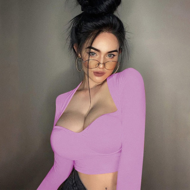 xakxx Sexy Women Low Cut Shirts Female Pullover Solid Deep V-neck Long Sleeve Crop Tops Short Elastic Shirts Blouses